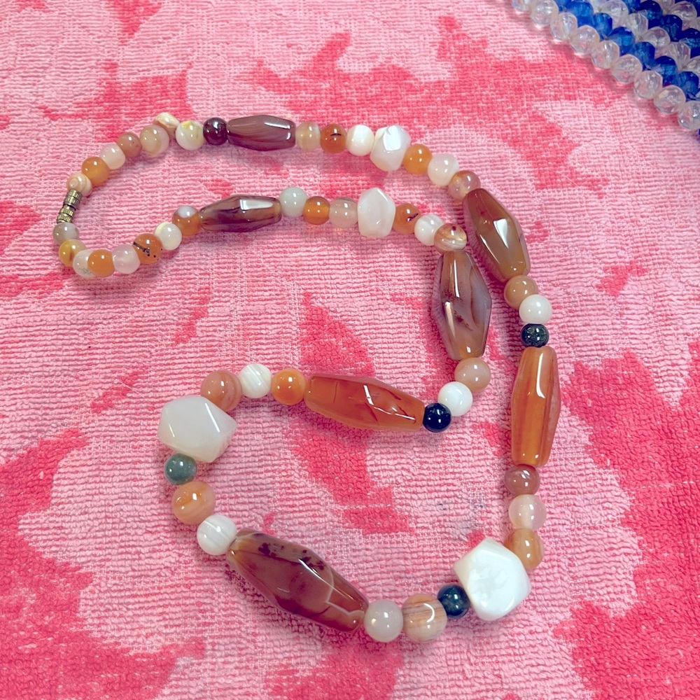 Vintage Multicolor Beaded Necklace — Peach, White & Brown Accents